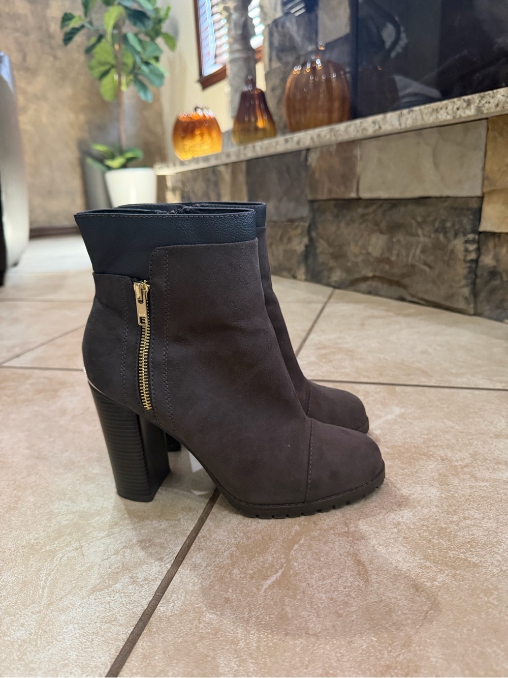 Juicy Couture Dark Brown Suede Block Heel Ankle Boots with Gold Zip